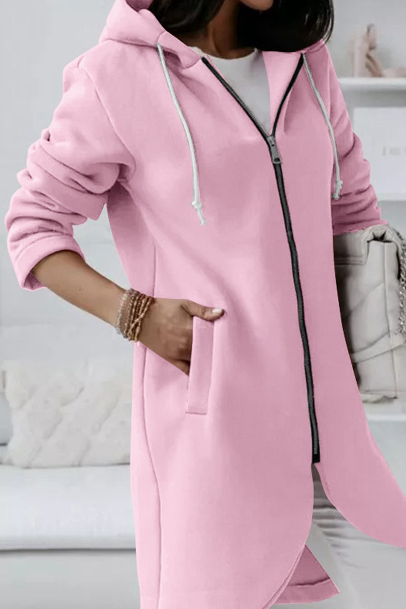 Casual Solid Draw String Zipper Hooded Collar Outerwear(8 Colors)