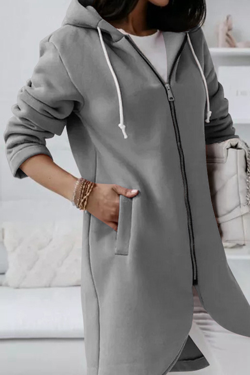 Casual Solid Draw String Zipper Hooded Collar Outerwear(8 Colors)