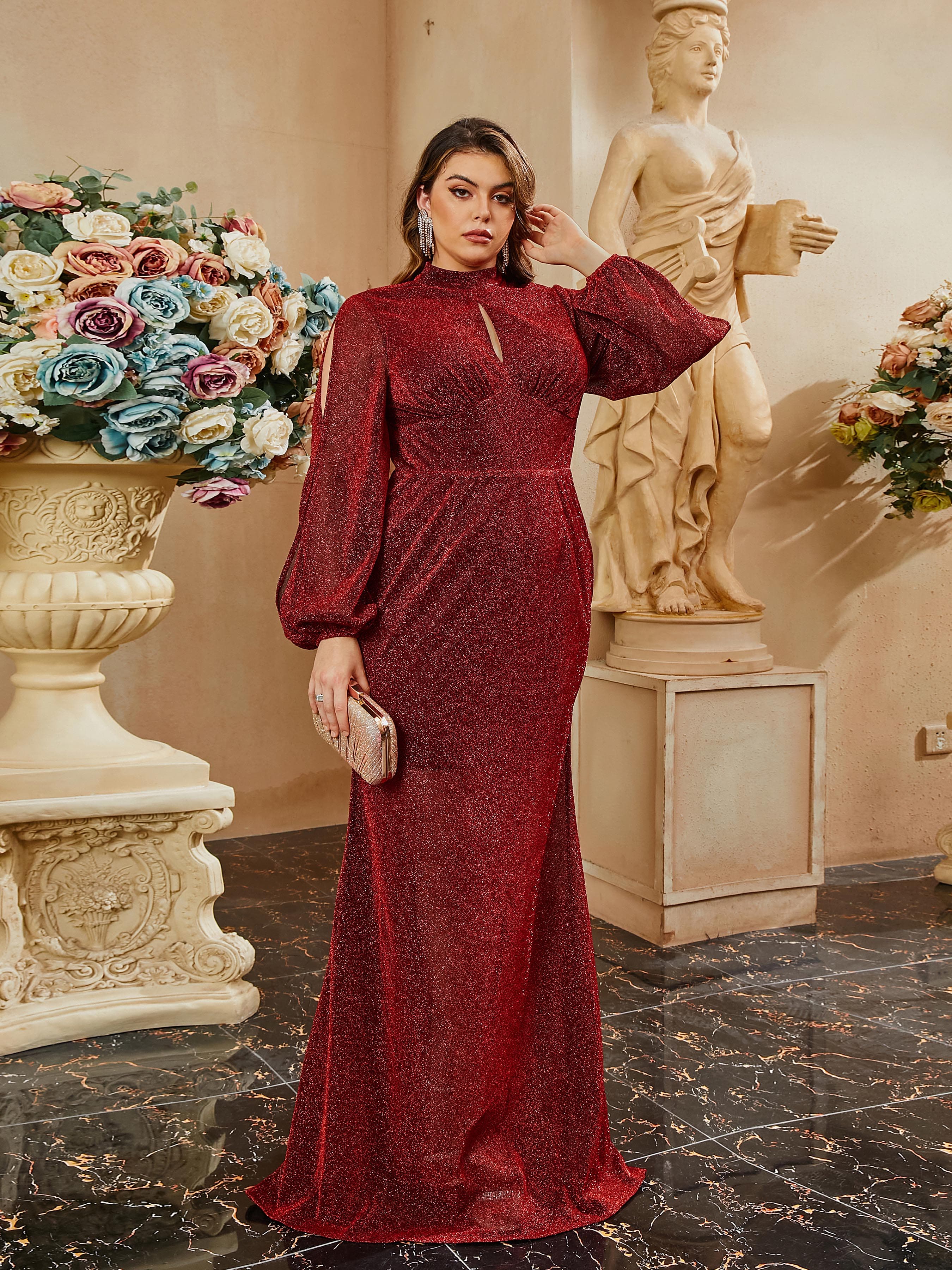 Plus Size Stand Collar CutOut Mermaid Pleated Long Sleeve Evening Dress PRH30669