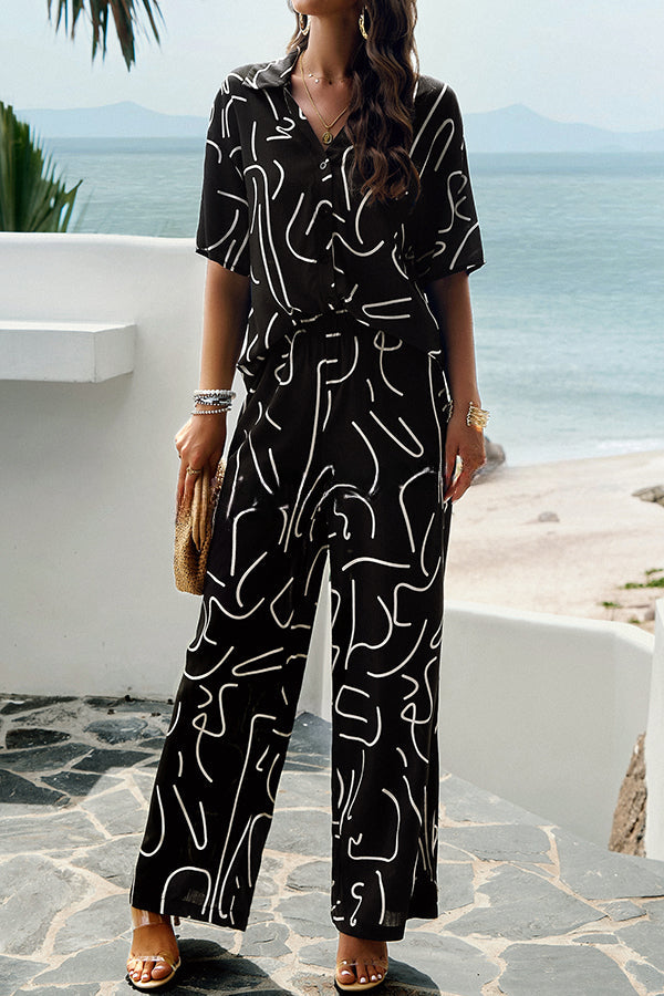 Fun Printed Button Pocket Long Sleeve Shirt and Elastic Waist Pants Set