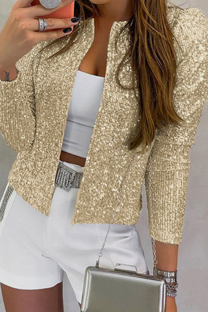 Fashion Solid Sequins Patchwork O Neck Outerwear(6 Colors)