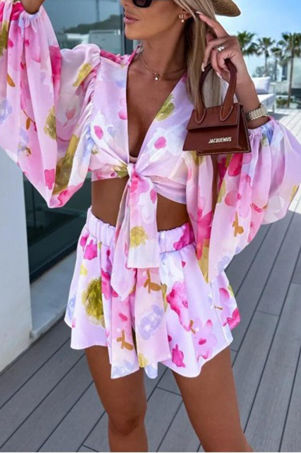 Floral Printed Balloon Sleeve V Neck Shirt Elastic Waist Straight Leg Shorts Set