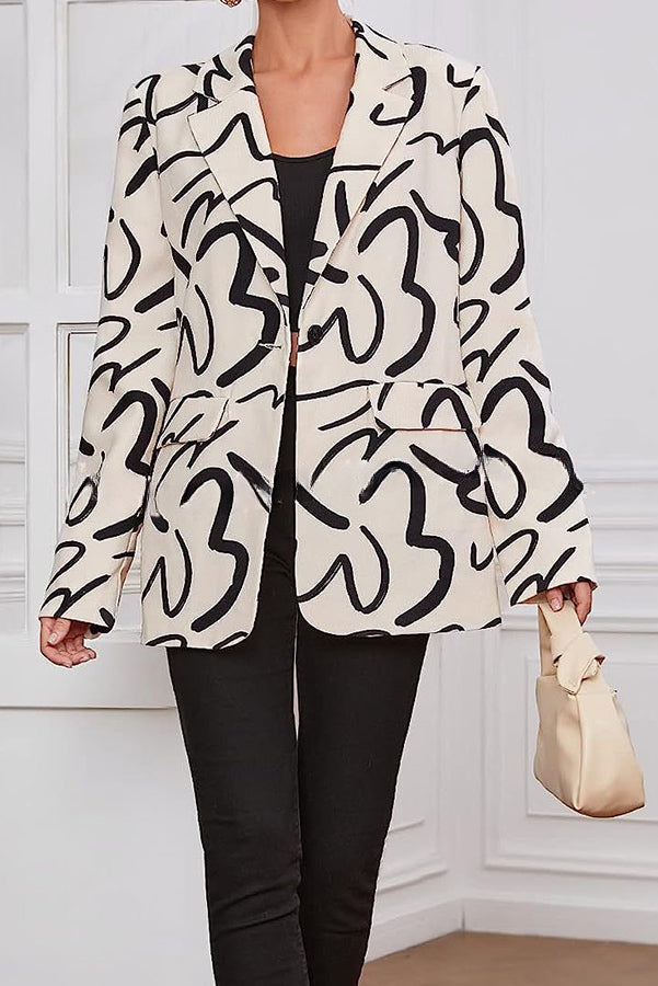 Line Print Button Lapel Long Sleeve Pocketed Blazer