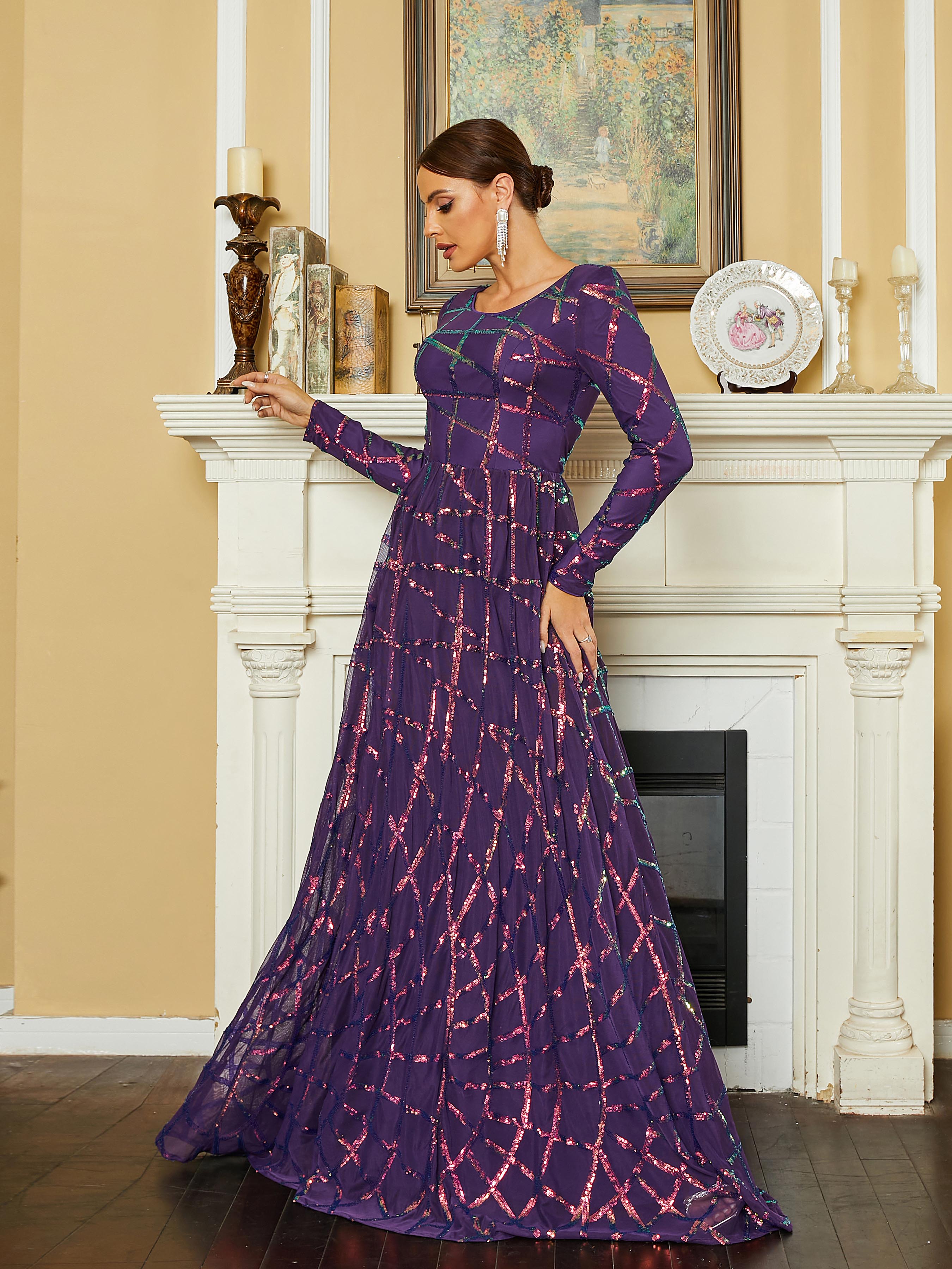 Crew Neck Long Sleeve A-Line Sequin Purple Prom Dress RJ10207