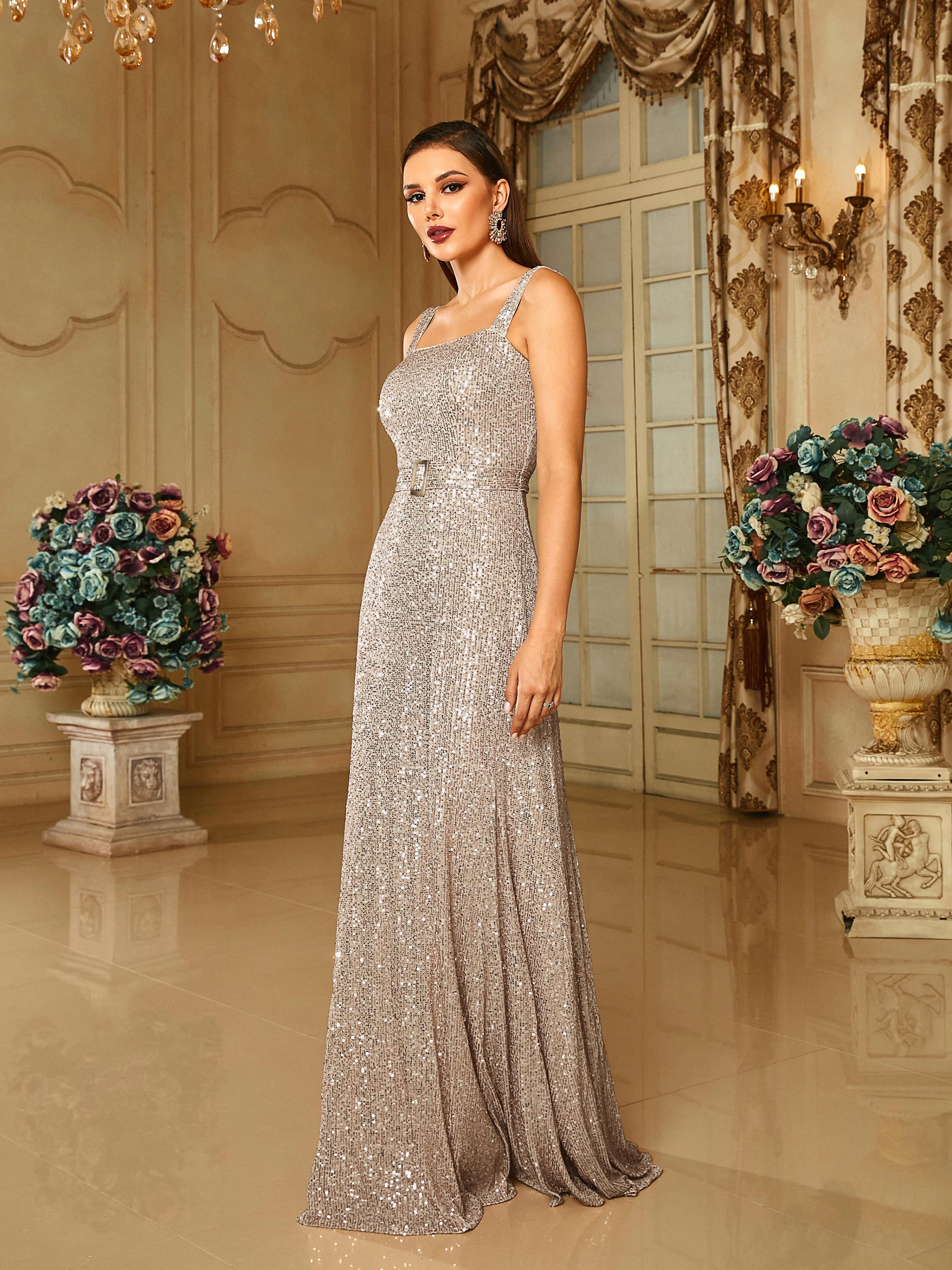 Cold Shoulder Belt A-line Sequin Apricot Prom Dress RM20669