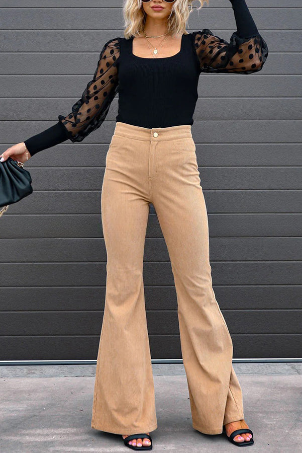 Corduroy Pockets Elastic Waist Button Wide Leg Pants