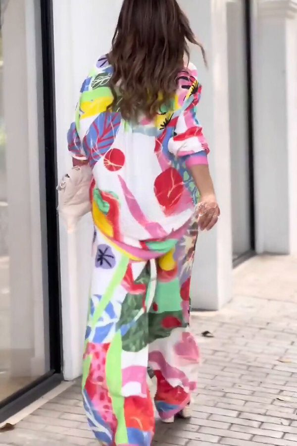 Colorful Tropical Print Button Shirt and Elastic Waist Pocketed Pants Set