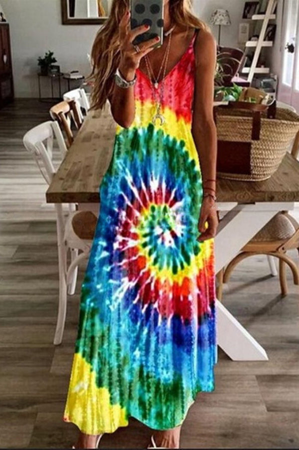 Rainbow Tie Dye Swirl Print Slip Maxi Dress