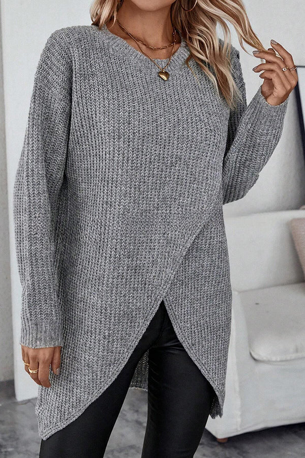 Essence Solid Wrap Hem Knitted Long Sleeve Midi Sweater