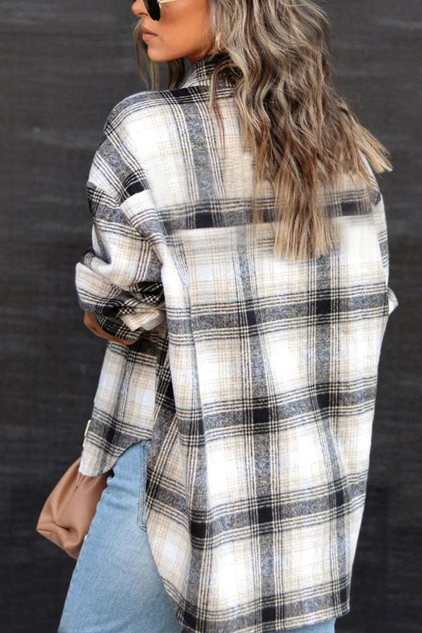 Autumn and winter long sleeve loose plaid shirt woolen coat