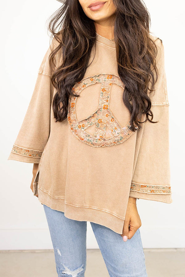 Peace Embroidered Round Neck Long Sleeve Sweatshirt