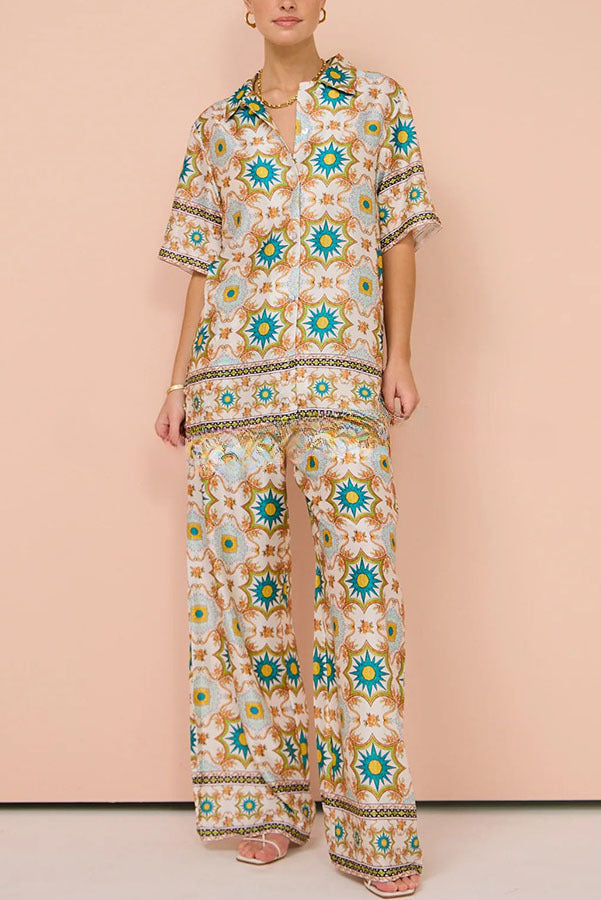 Weekend Adventures Unique Mosaic Print Button Up Shirt and Elastic Waist Pants Set