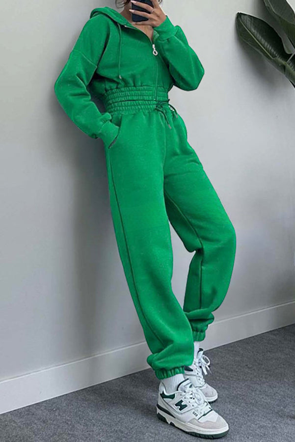 Hooded Zip Up Waist Sweatshirt and Elastic Waist Lace Up Pants Set