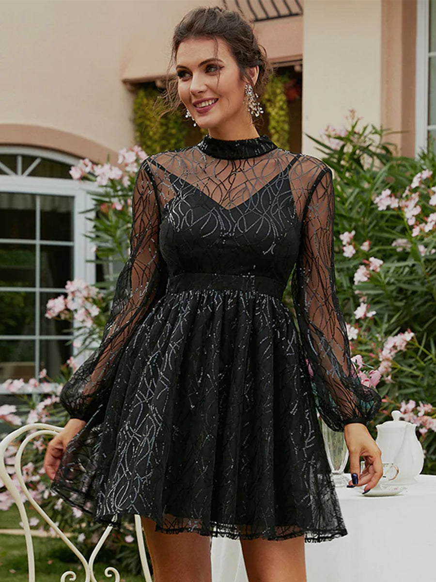 High Neck A-Line Sequin Black Homecoming Dress XJ1543