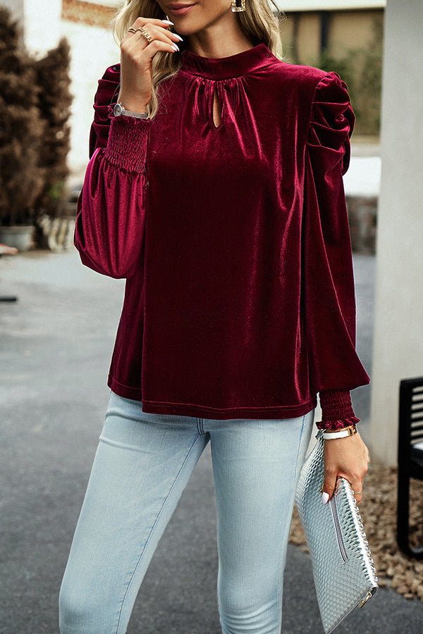 Perbai Bowknot Back Puff Long Sleeves Velvet Top