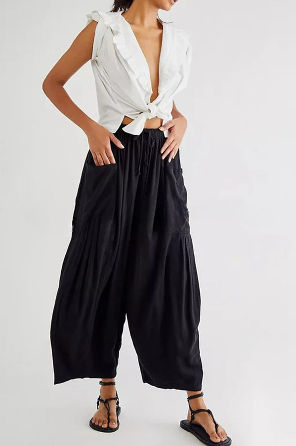 Fashion Temperament Elastic Waist Pleated Wide Leg Pants