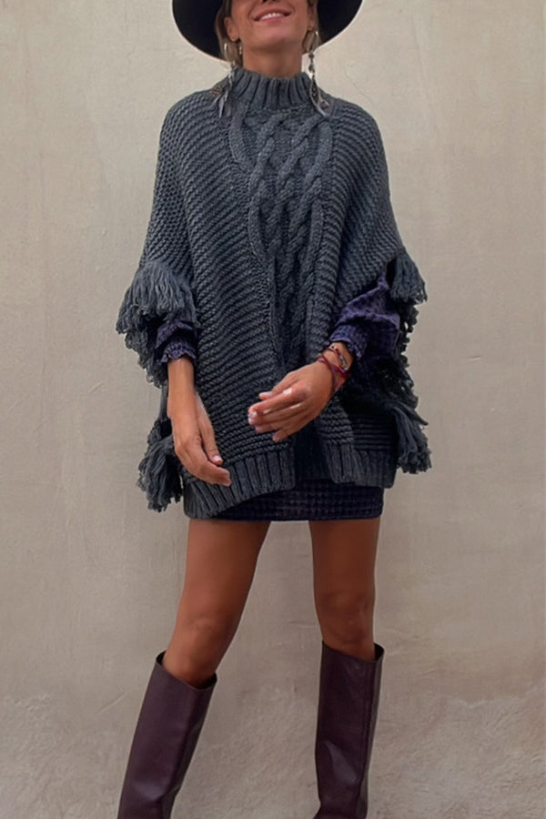 Cozy Paradise Knit Cable Fringed Dolman Sleeve Loose Sweater