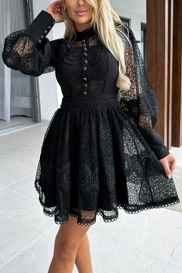 Peak Party Vibes Crochet Lace Lantern Sleeve Formal Mini Dress