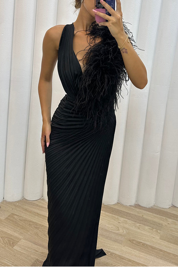 Forever Stunning Pleated Feather Trim Slit Evening Maxi Dress