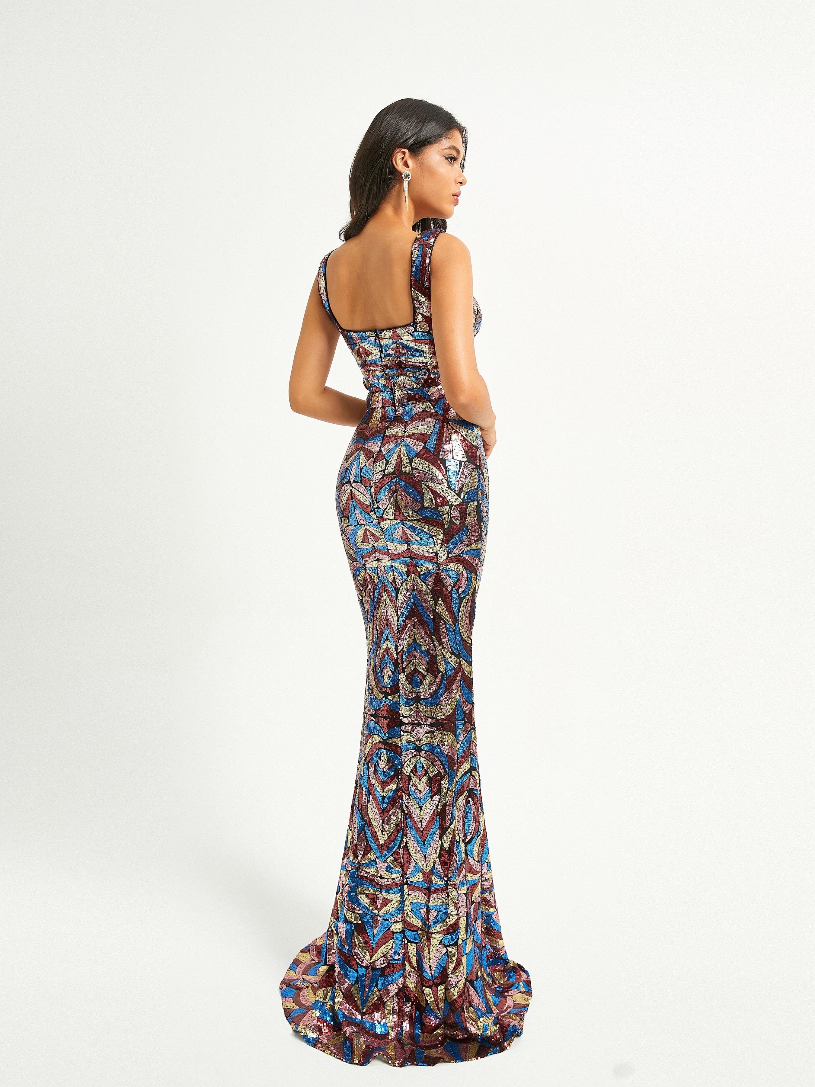 Formal Square Neck Multicolor Sequin Mermaid Dress RJ10768