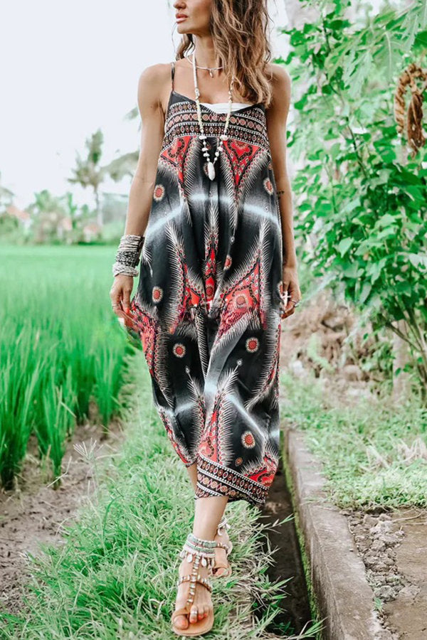 Free Spirit Boho Ethnic Print Loose Dungaree Jumpsuit