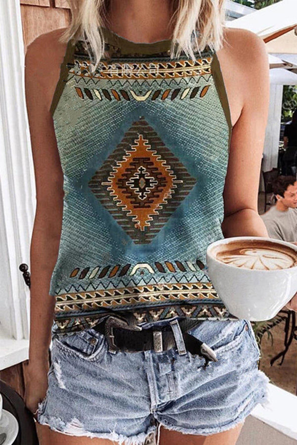 Kristina Ethnic Geometric Hippie Print Knit Tank Top