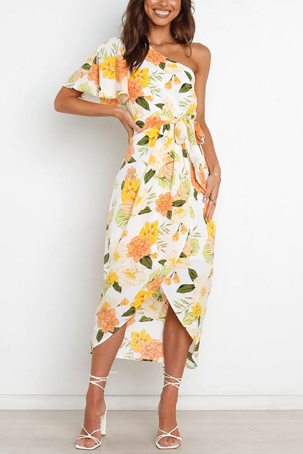 Kaycie Floral One Shoulder Belted Wrap Midi Dress