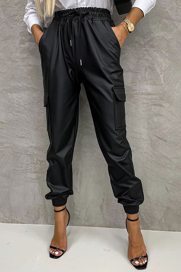 Ready or Not Faux Leather Pocketed Elastic Waist Jogger Pants