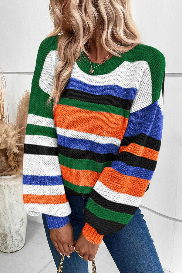 Multicolour Striped Knit Drop Shoulder Lantern Sleeve Sweater