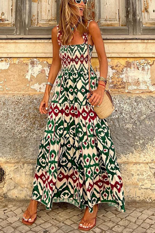 Timeless Beauty Printed Smocked Vacation Maxi Dress