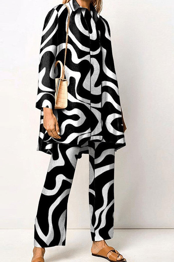 Geometric Print Lapel Long Sleeved Top and Pants Two Piece Set