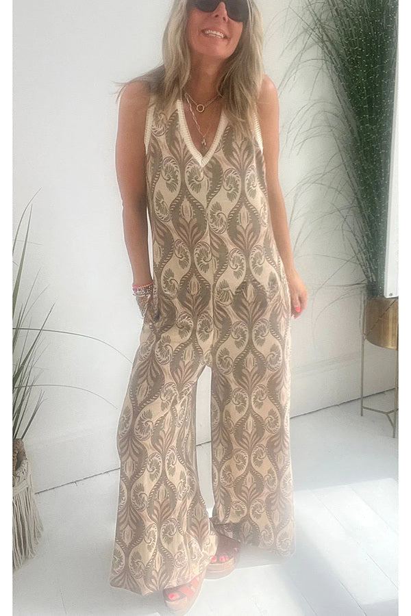 Moroccan Inspired Printed Texture V-neck Loose Jumpsuit