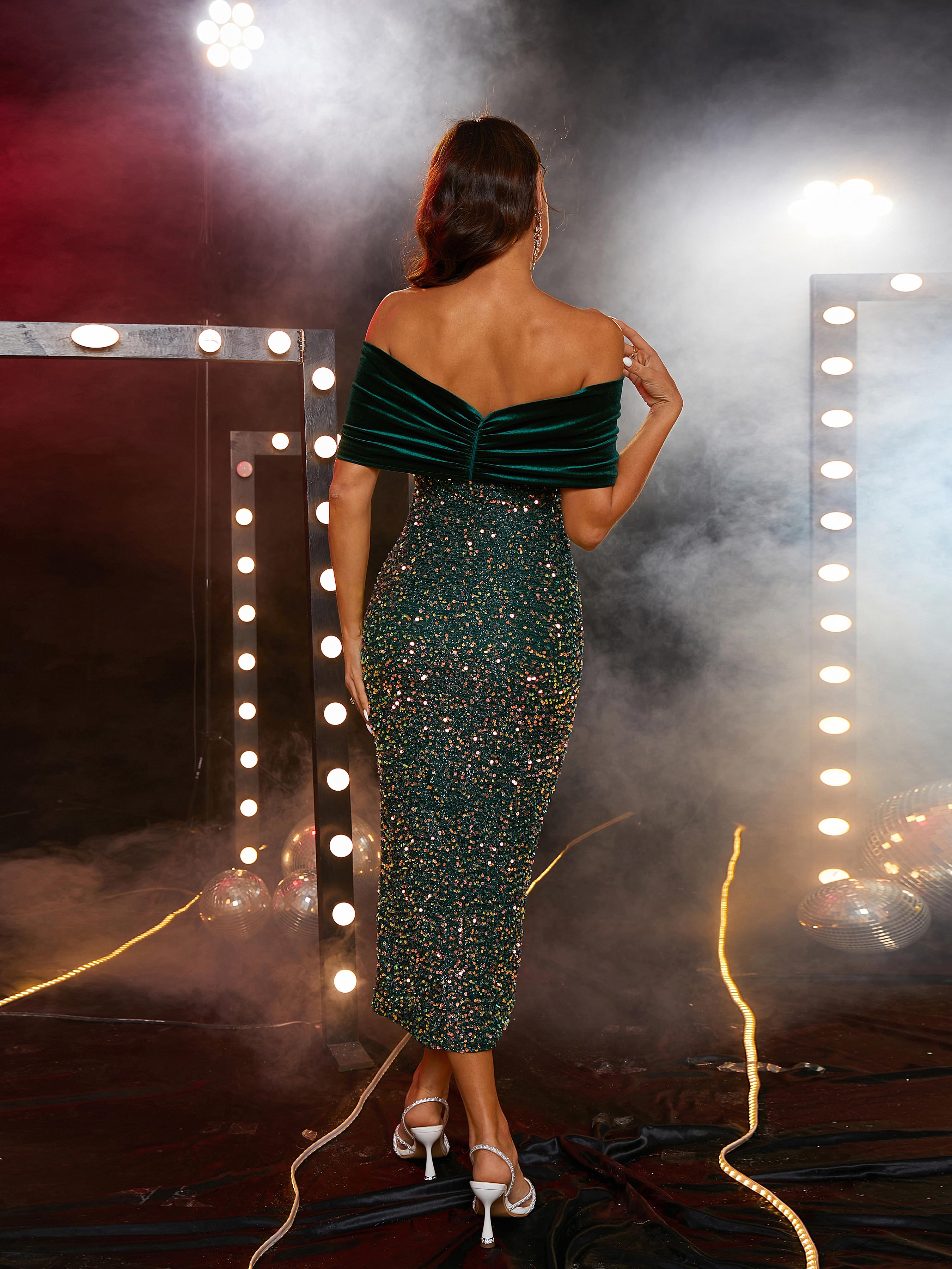 Formal Off Shoulder Green Sequin Bodycon Dress RJ10574