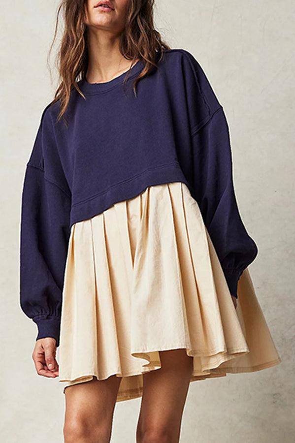 Sweet and Special Exaggerated Pleated Patchwork Sweatshirt A-line Mini Dress