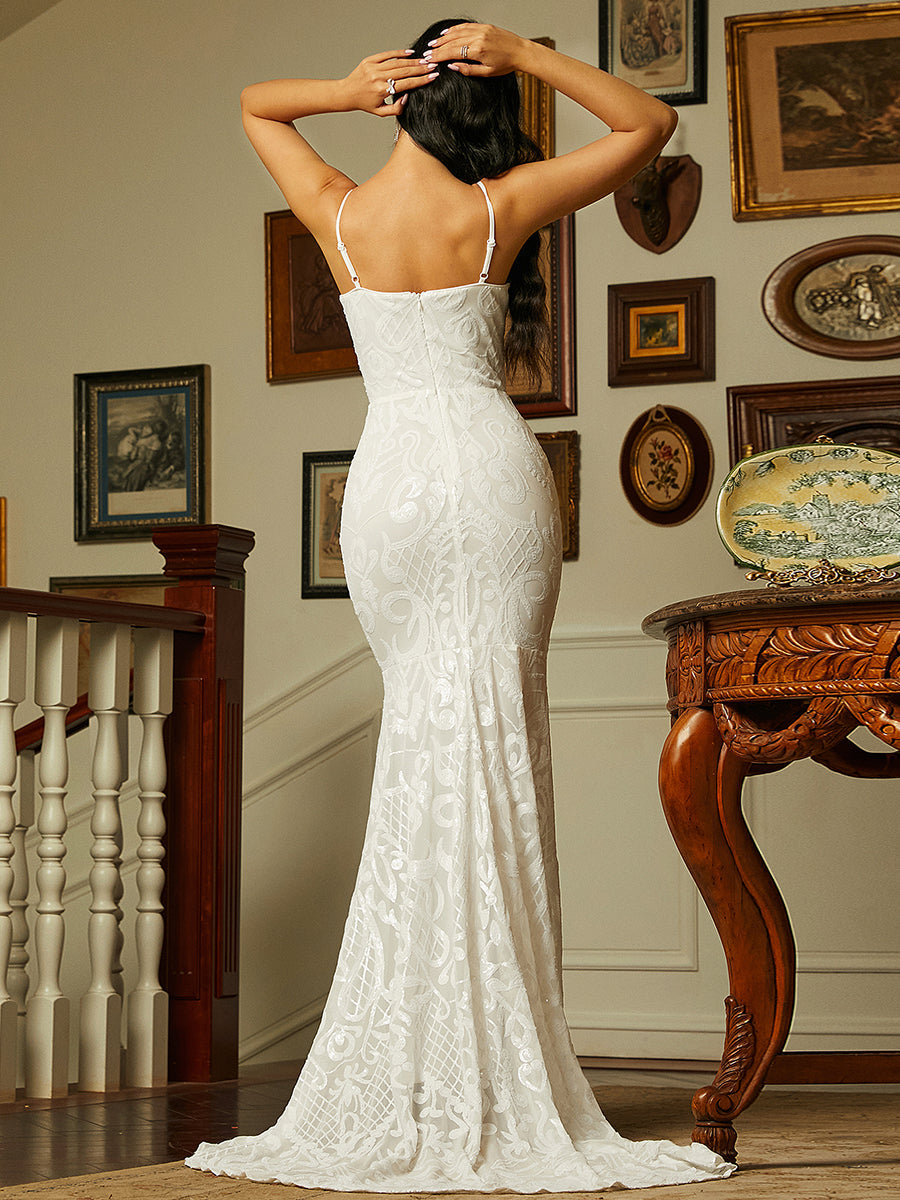 Spaghetti V Neck Mermaid Wedding Dress JMT1139