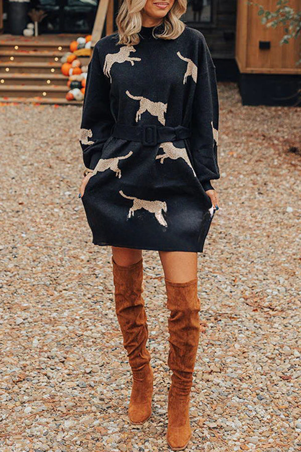 Fiercely in Love Leopard Print Mock Neck Removable Belt Sweatshirt Mini Dress