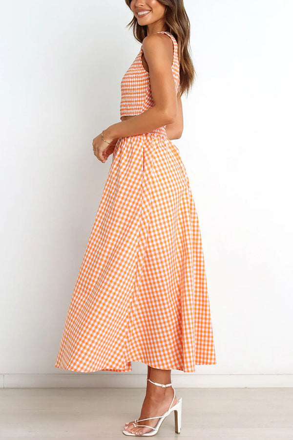 Slice of Sunshine Plaid Smocked Top and Pocketed Midi Dress