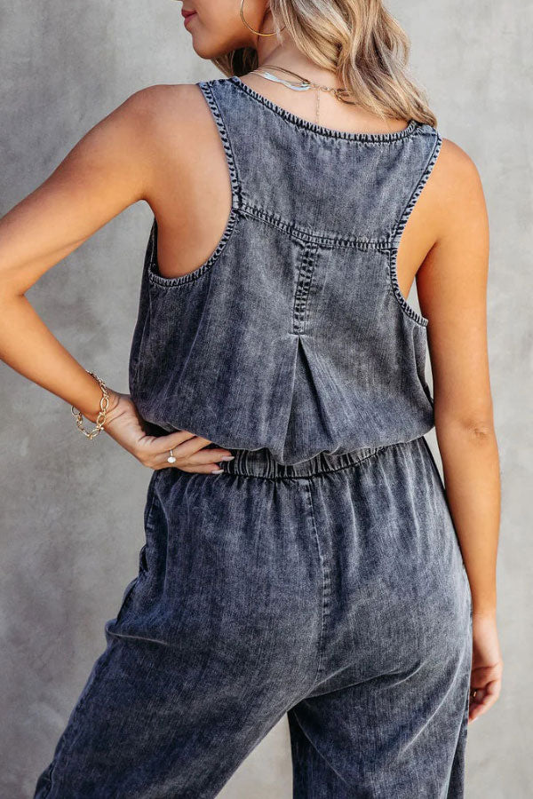 Casual Washed Waist Belt Denim Jumpsuit