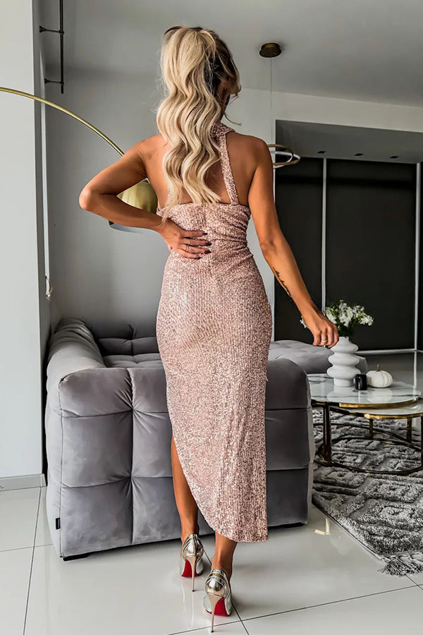 Born To Be A Star Sequin Mesh Cutout Waist Halter Asymmetrical Midi Dress