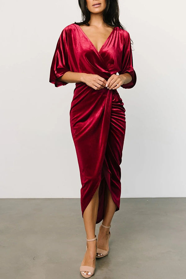 Brendy V Neck Half Sleeve Velvet Pleated Midi Dress