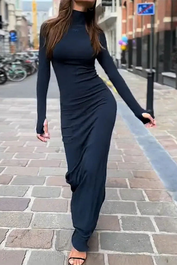 Need and Want Turtleneck Solid Long Sleeves Stretch Maxi Dress