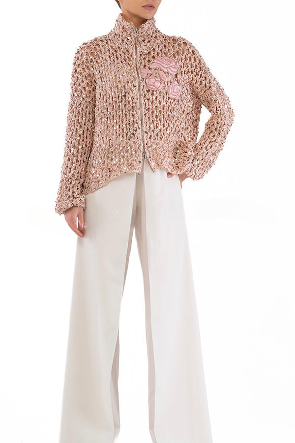 Festive Flicker Knit Sequin Rose Embroidery Pattern Hollow Out Zipper Cardigan