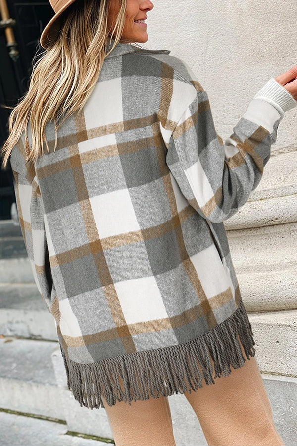 Plaid Snap Button Pocket Fringed Hem Shacket