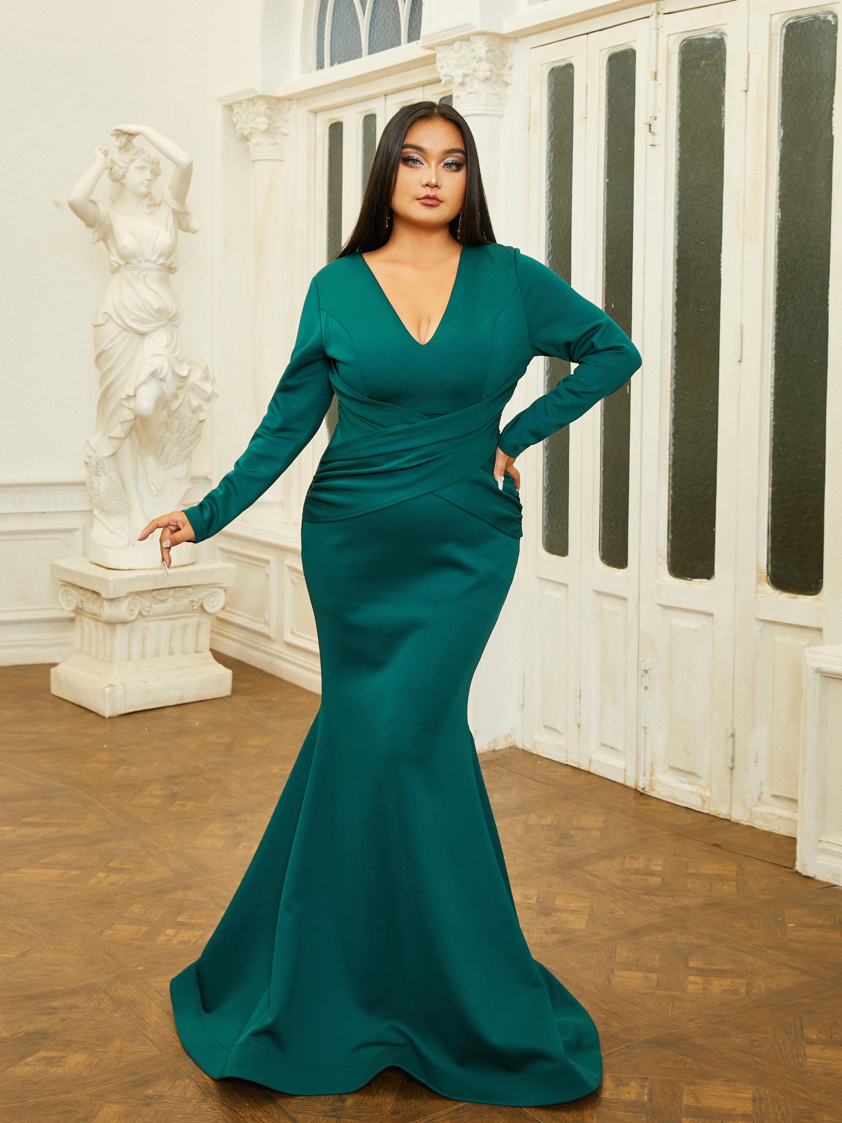 Plus Size V-Neck Knitted Green Mermaid Evening Dress PXJ377