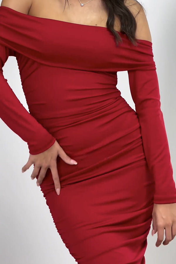 Desirable Beauty Off Shoulder Long Sleeve Ruched Stretch Maxi Dress