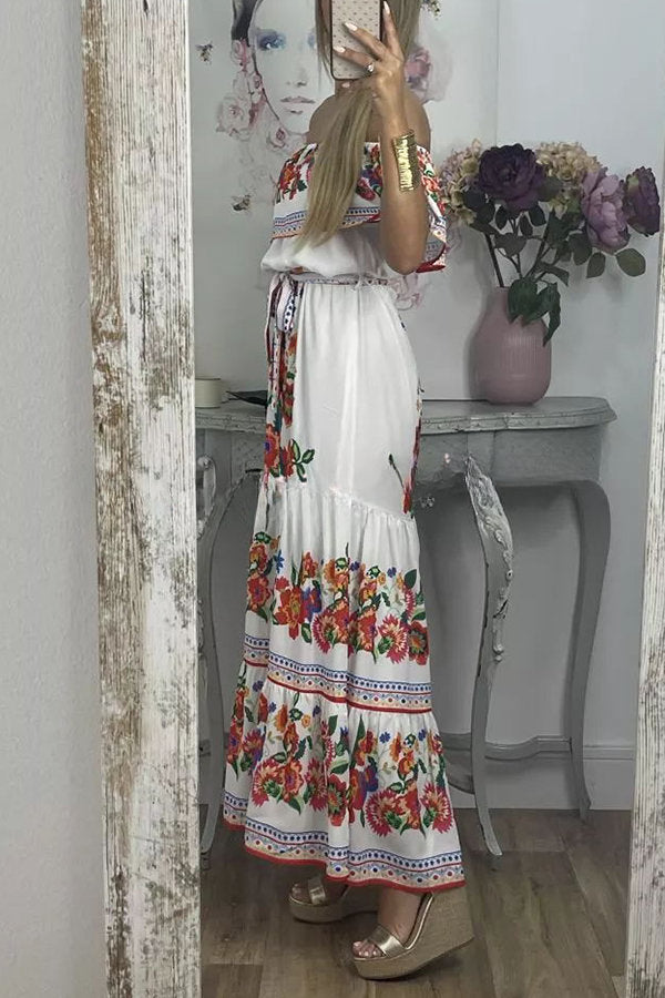 For A Season Floral Printed Off Shoulder Belt Maxi Dress