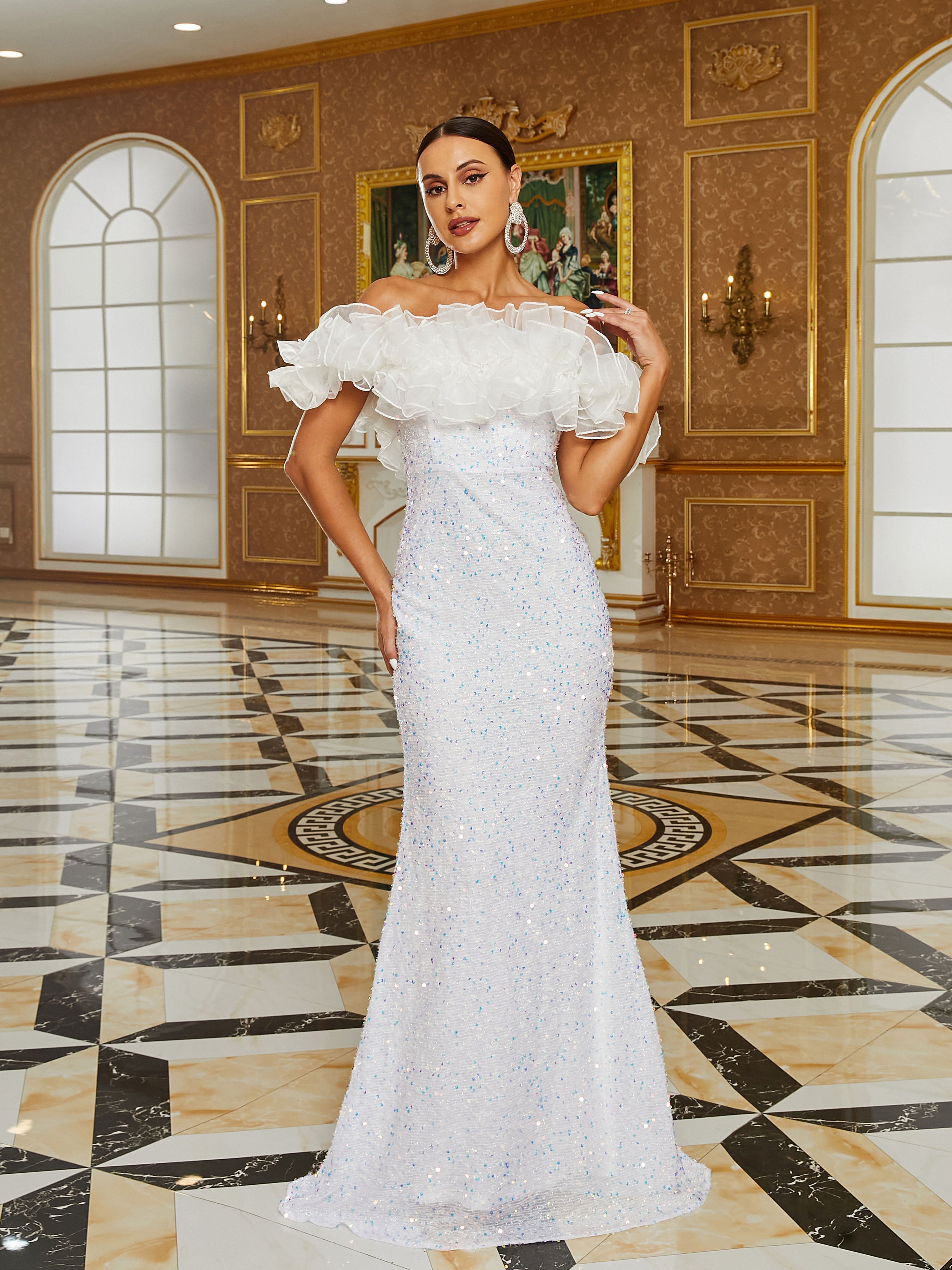 Off The Shoulder Ruffle Maxi White Evening Dress RJ10593