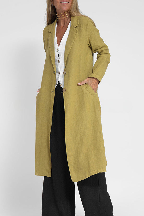 Vintage Linen Blend Pocketed Lightweight Midi Blazer Coat