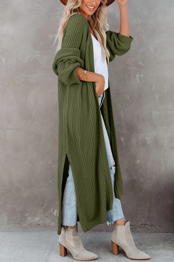 Pickle Green Cable Knit Side Slits Open Front Duster Cardigan