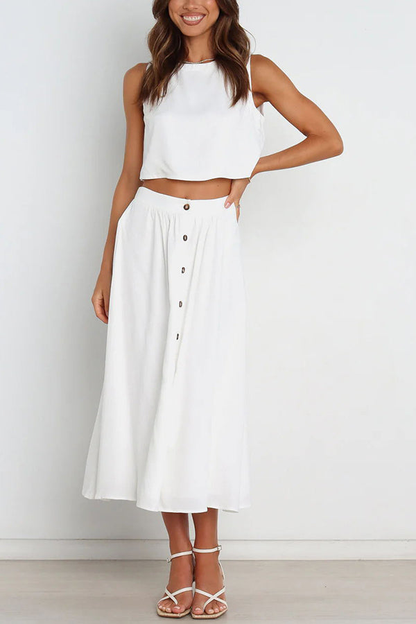 Lainey Crop Top and Pocketed Button Front Midi Skirt Set